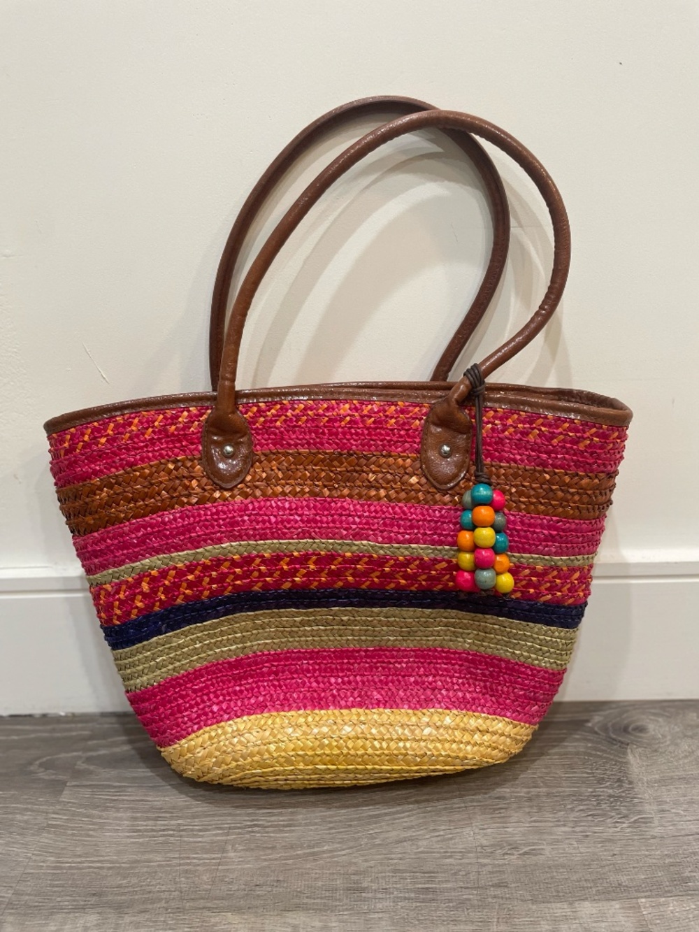 Style & Co. Multicolor Woven Straw Tropical Striped Beach Tote Bag w/ Bead Charm
